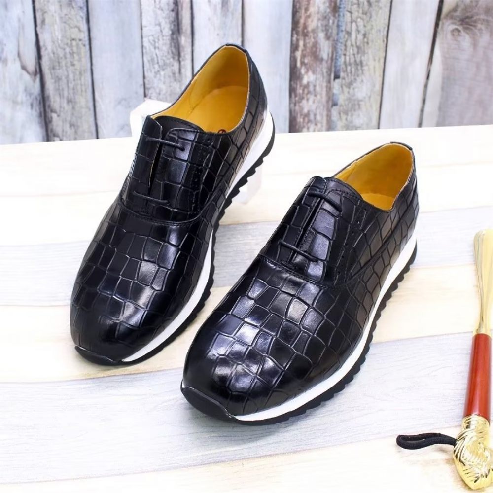 Chaussures Décontractées Pour Hommes À Lacets Cuir Gaufré - Noir