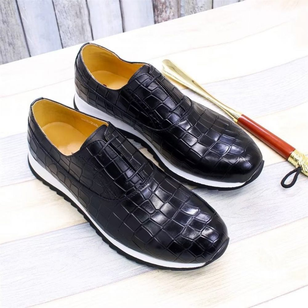 Chaussures Décontractées Pour Hommes À Lacets Cuir Gaufré - Noir