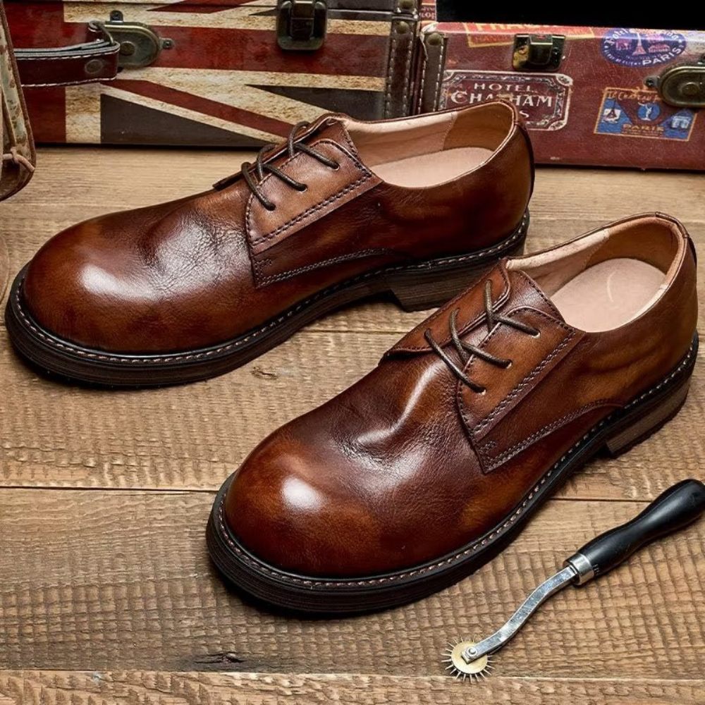 Chaussures Décontractées Pour Hommes Lavish Leatherlux À Bout Rond - Café