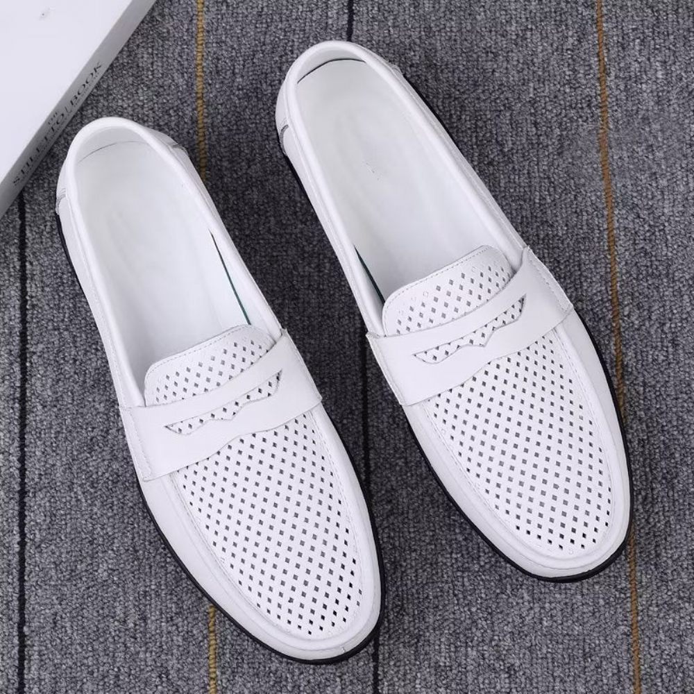 Chaussures Décontractées Pour Hommes Mocassins Élégants À Enfiler Pu Avec Mode Métal - Trou Blanc