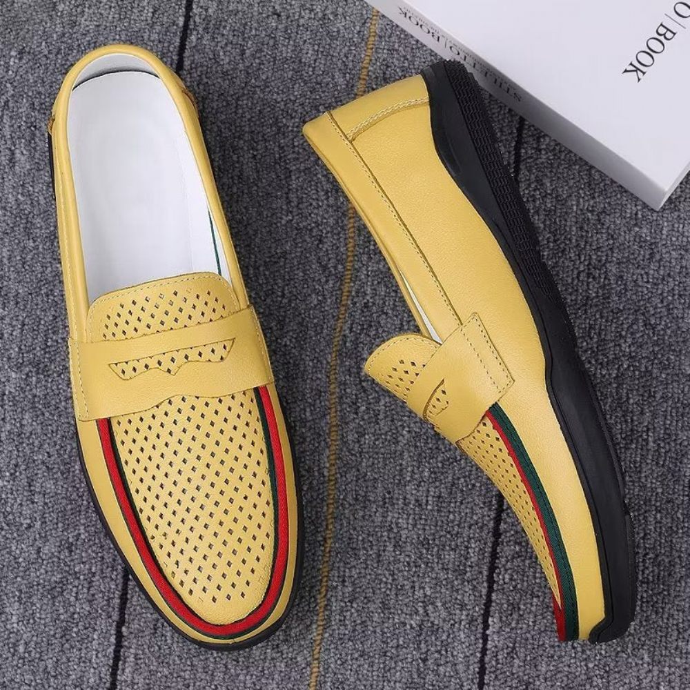 Chaussures Décontractées Pour Hommes Mocassins Élégants À Enfiler Pu Avec Mode Métal - Trou Jaune