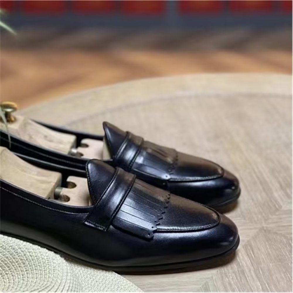 Chaussures Décontractées Pour Hommes Mocassins À Enfiler Cuir Pompons Luxe - Noir