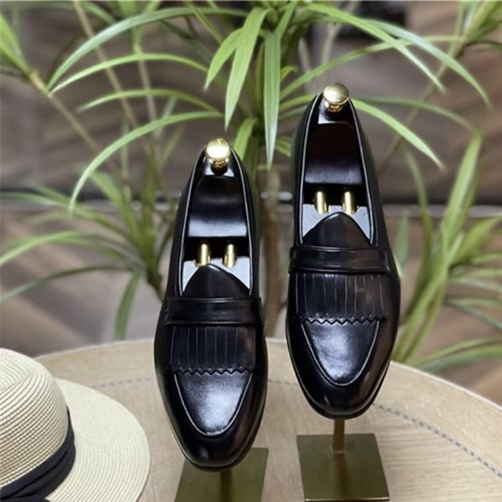 Chaussures Décontractées Pour Hommes Mocassins À Enfiler Cuir Pompons Luxe - Noir