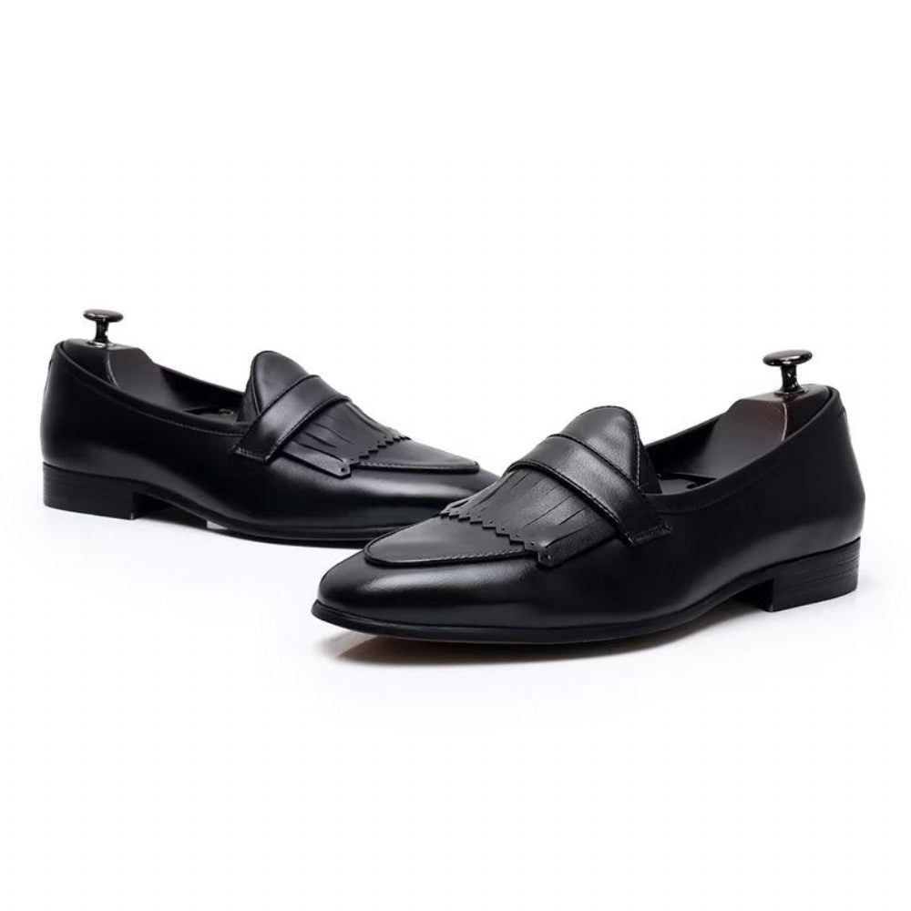 Chaussures Décontractées Pour Hommes Mocassins À Enfiler Cuir Pompons Luxe - Noir