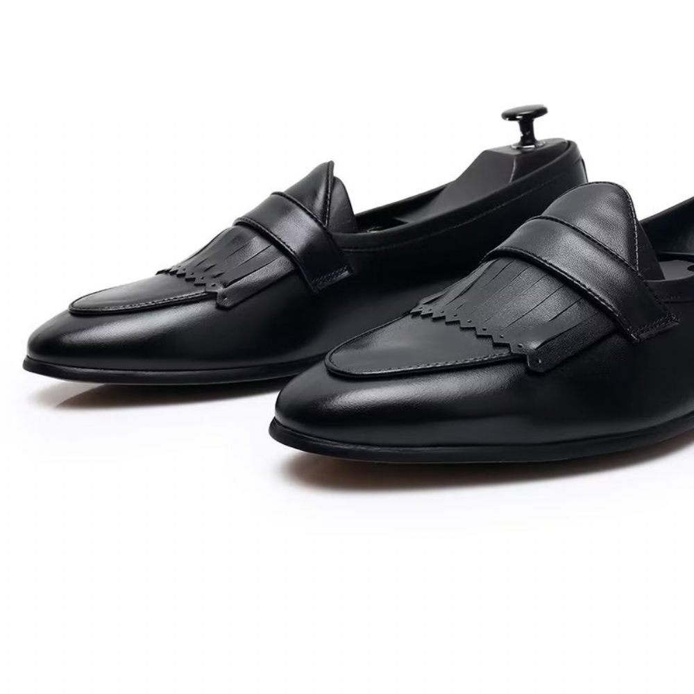 Chaussures Décontractées Pour Hommes Mocassins À Enfiler Cuir Pompons Luxe - Noir