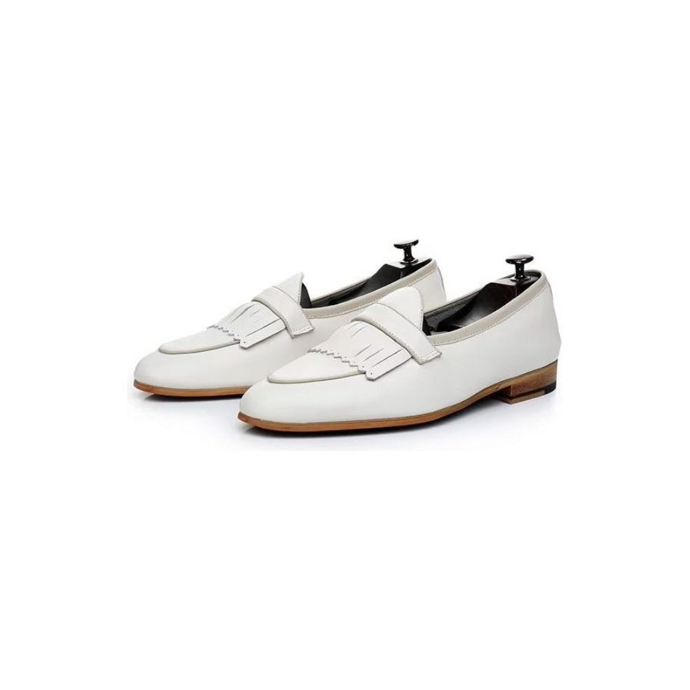 Chaussures Décontractées Pour Hommes Mocassins À Enfiler Cuir Pompons Luxe - Blanc