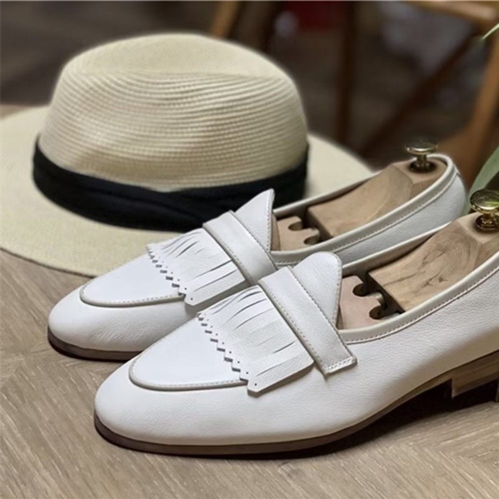 Chaussures Décontractées Pour Hommes Mocassins À Enfiler Cuir Pompons Luxe - Blanc