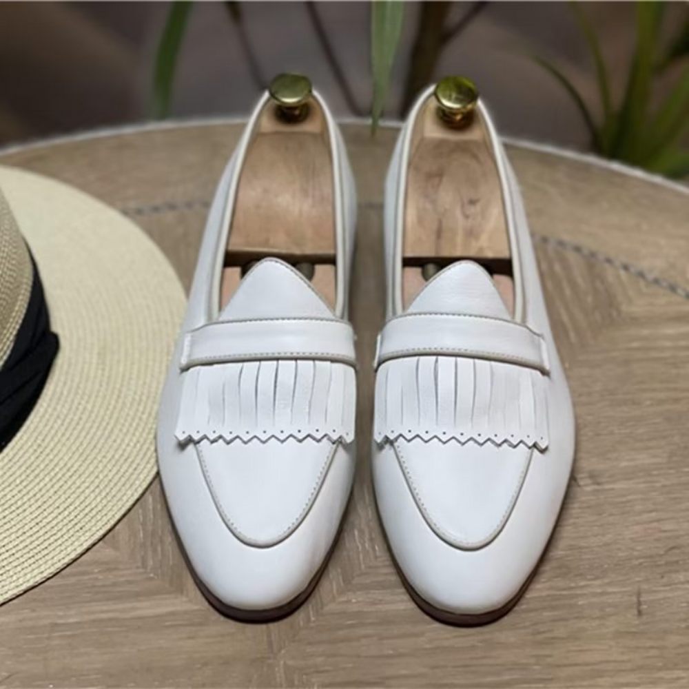 Chaussures Décontractées Pour Hommes Mocassins À Enfiler Cuir Pompons Luxe - Blanc