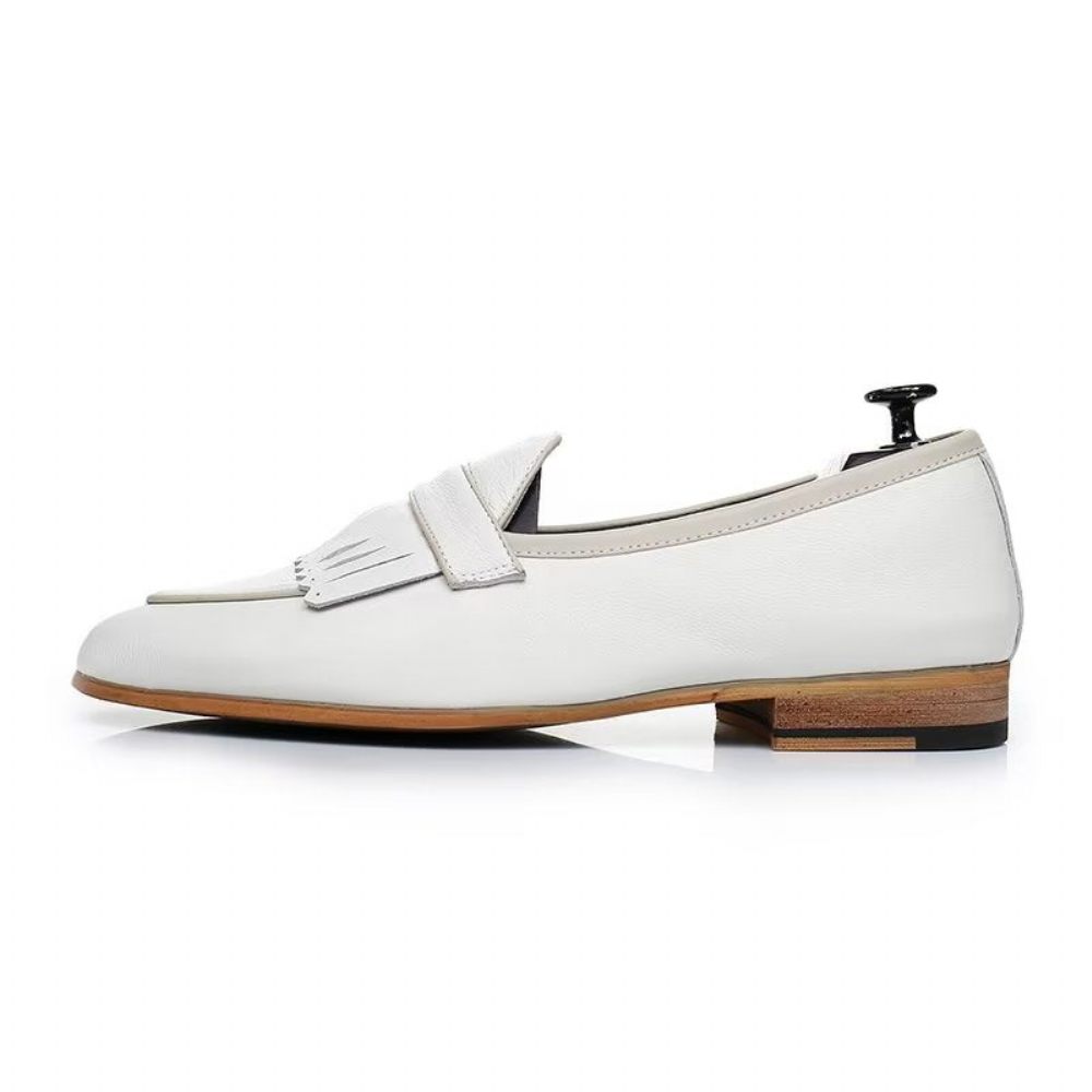 Chaussures Décontractées Pour Hommes Mocassins À Enfiler Cuir Pompons Luxe - Blanc