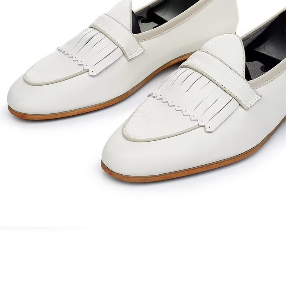 Chaussures Décontractées Pour Hommes Mocassins À Enfiler Cuir Pompons Luxe - Blanc