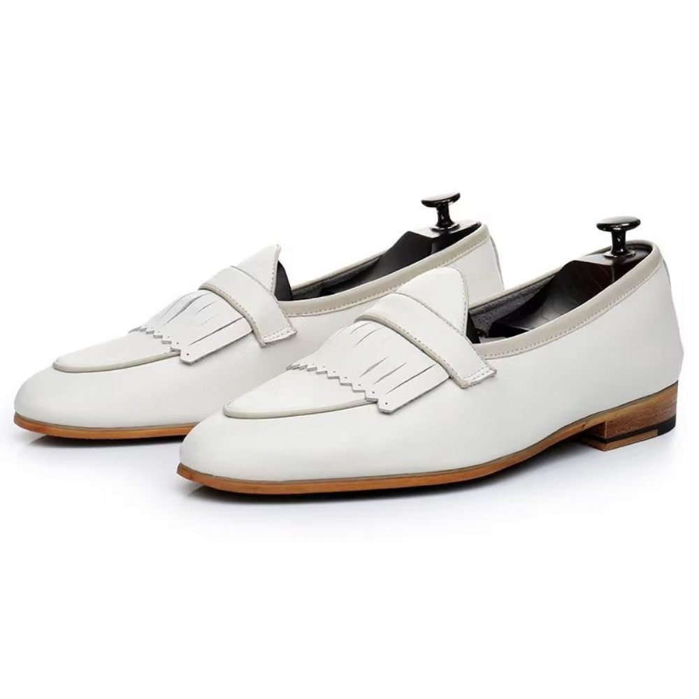 Chaussures Décontractées Pour Hommes Mocassins À Enfiler Cuir Pompons Luxe - Blanc