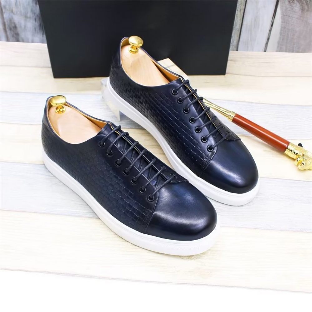 Chaussures Décontractées Pour Hommes Montantes Luxe Cuir Vache - Bleu