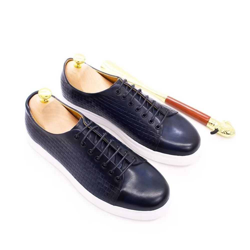 Chaussures Décontractées Pour Hommes Montantes Luxe Cuir Vache - Bleu