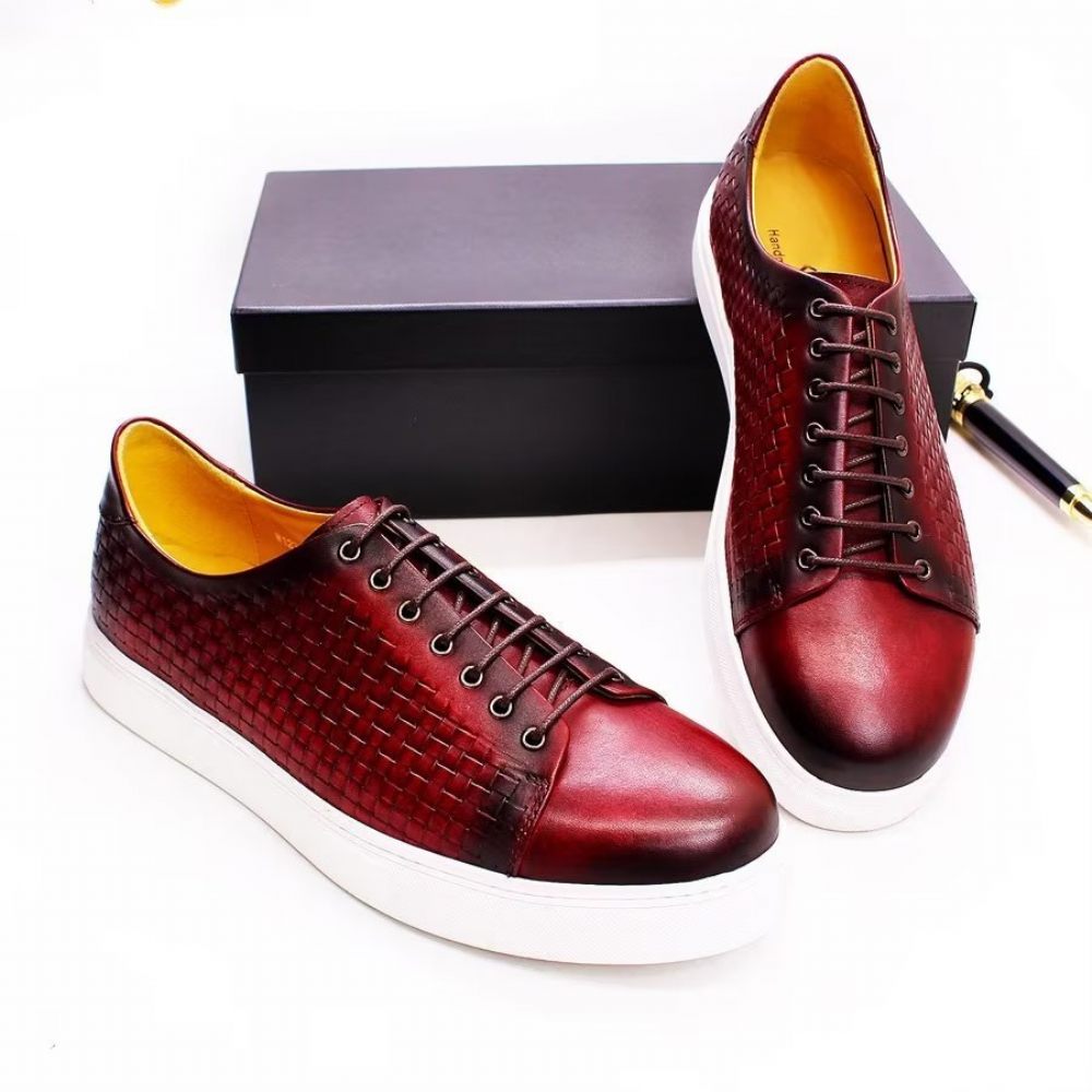 Chaussures Décontractées Pour Hommes Montantes Luxe Cuir Vache - Rouge