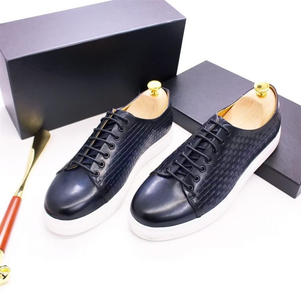 Chaussures Décontractées Pour Hommes Montantes Luxe Cuir Vache - Bleu