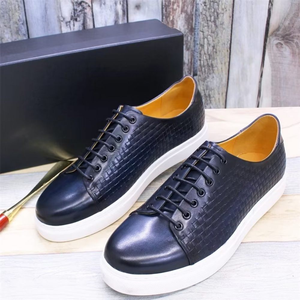 Chaussures Décontractées Pour Hommes Montantes Luxe Cuir Vache - Bleu