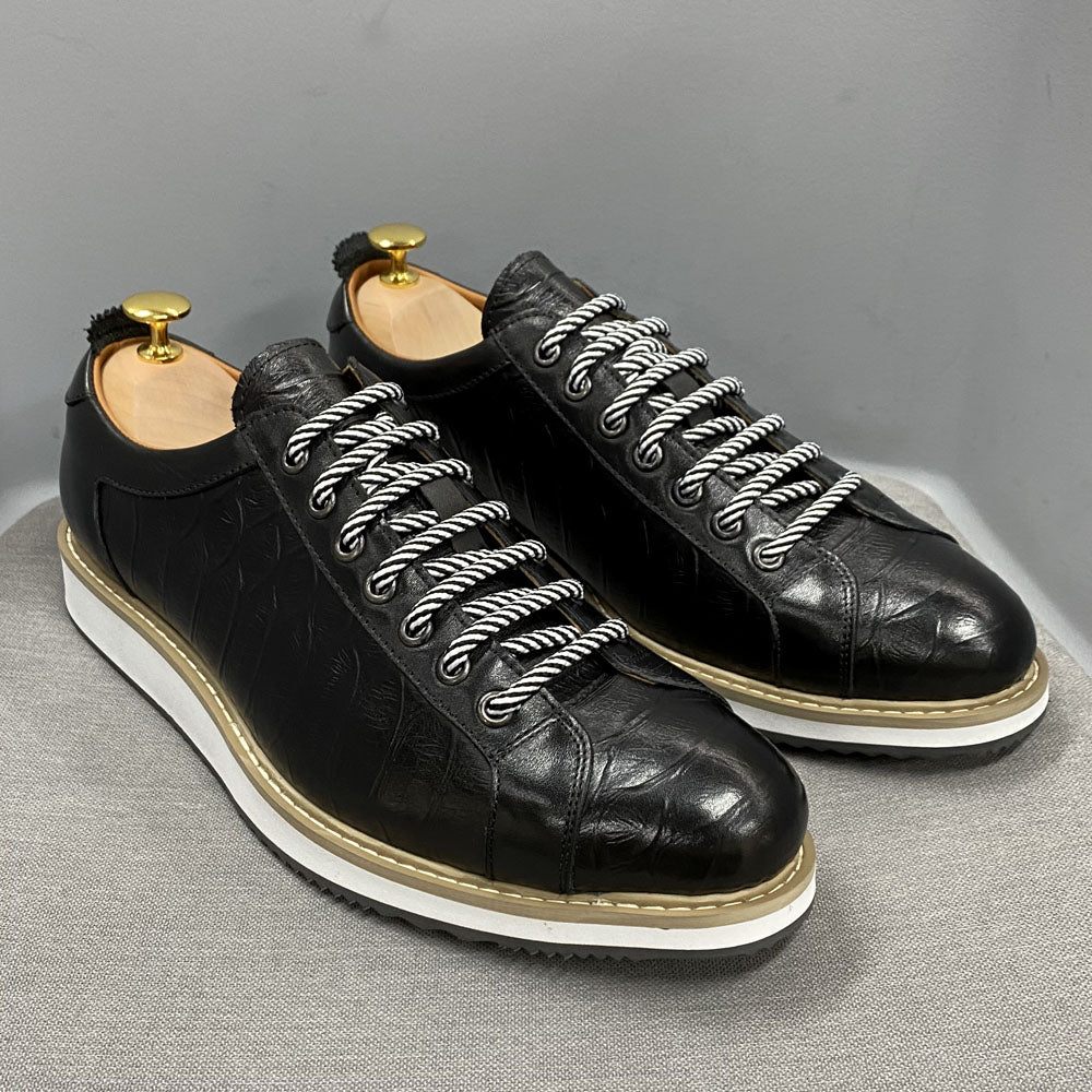 Chaussures Décontractées Pour Hommes Plates À Lacets Cuir - Noir