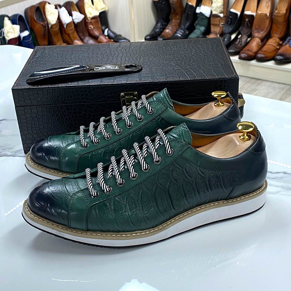 Chaussures Décontractées Pour Hommes Plates À Lacets Cuir - Vert