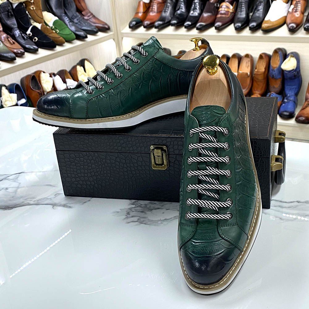 Chaussures Décontractées Pour Hommes Plates À Lacets Cuir - Vert