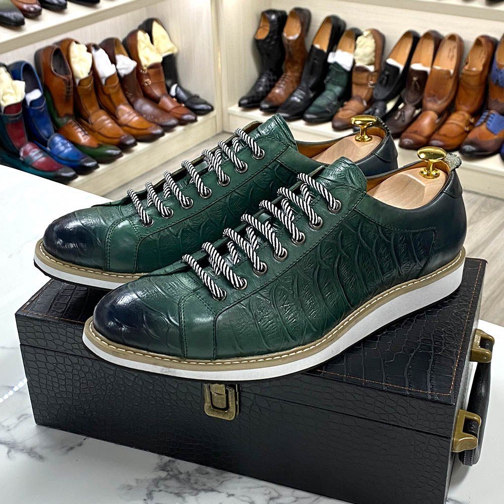 Chaussures Décontractées Pour Hommes Plates À Lacets Cuir - Vert