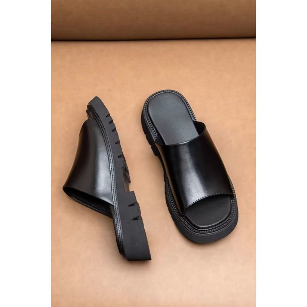 Chaussures Décontractées Pour Hommes Sandales D'affaires À Plateforme Cuir Élégantes - Peep Toe - Noir