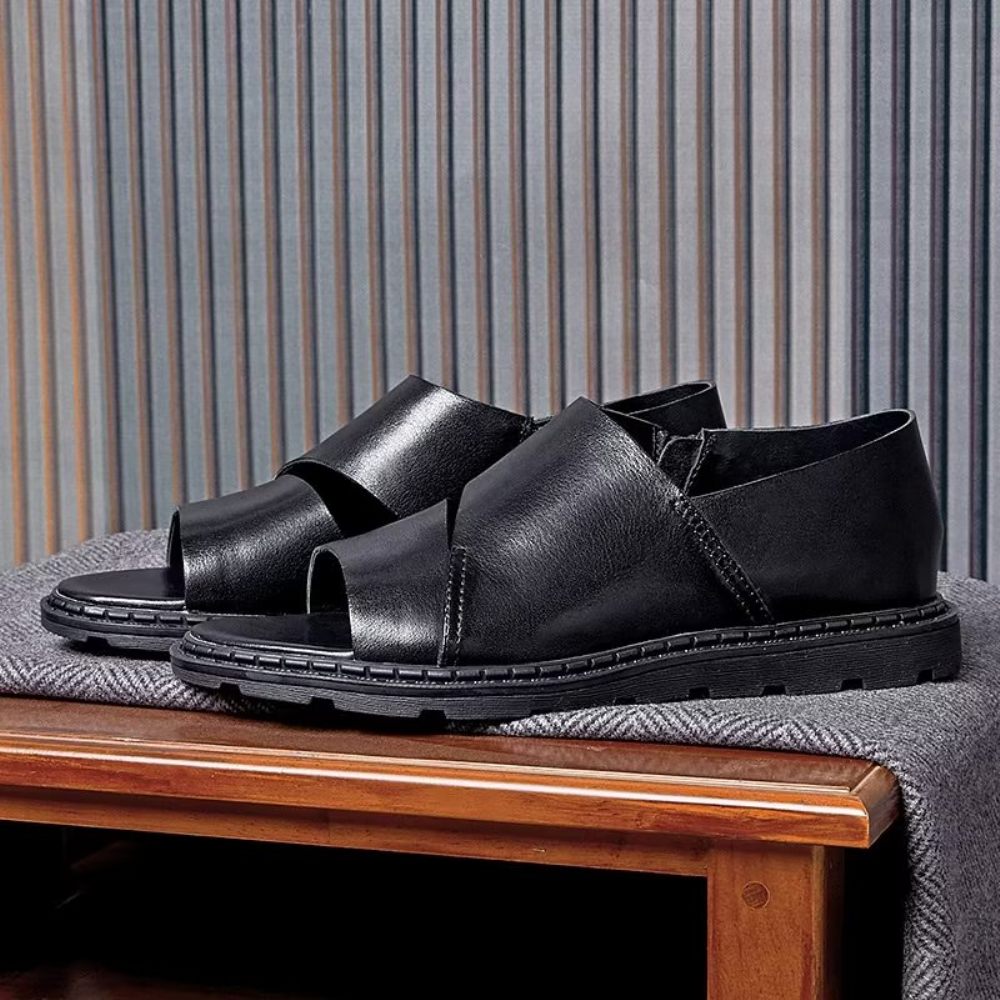 Chaussures Décontractées Pour Hommes Sandales À Bout Ouvert Cuir - Noir