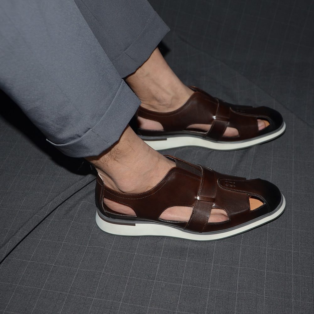 Chaussures Décontractées Pour Hommes Sandales À Enfiler Élégantes Cuir Vache Chic - Café