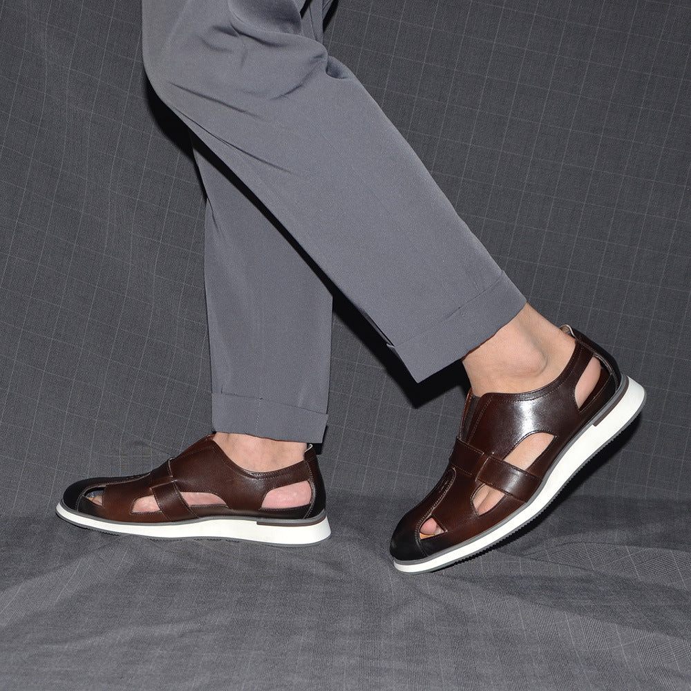 Chaussures Décontractées Pour Hommes Sandales À Enfiler Élégantes Cuir Vache Chic - Café