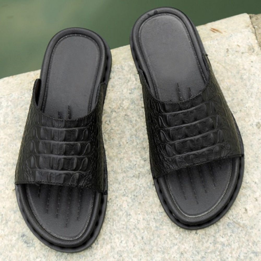 Chaussures Décontractées Pour Hommes Sandales Plage Cuir Véritable Gaufré Crocodile - Noir