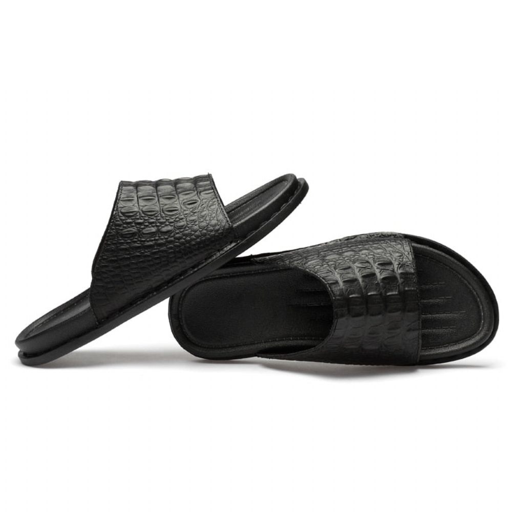 Chaussures Décontractées Pour Hommes Sandales Plage Cuir Véritable Gaufré Crocodile - Noir