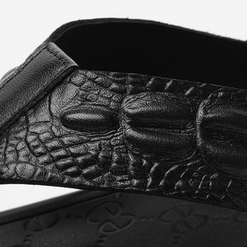 Chaussures Décontractées Pour Hommes Sandales À Tongs Cuir Véritable Texture Crocodile - Noir