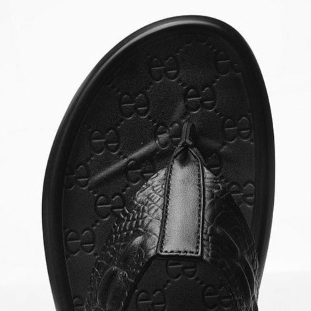 Chaussures Décontractées Pour Hommes Sandales À Tongs Cuir Véritable Texture Crocodile - Noir