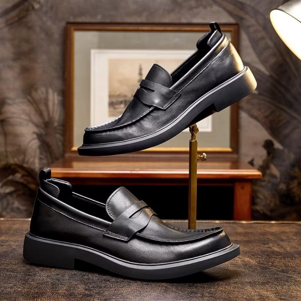 Chaussures Décontractées Pour Hommes Slip-ons Cuir Luxe À Bout Rond Élégant - Noir