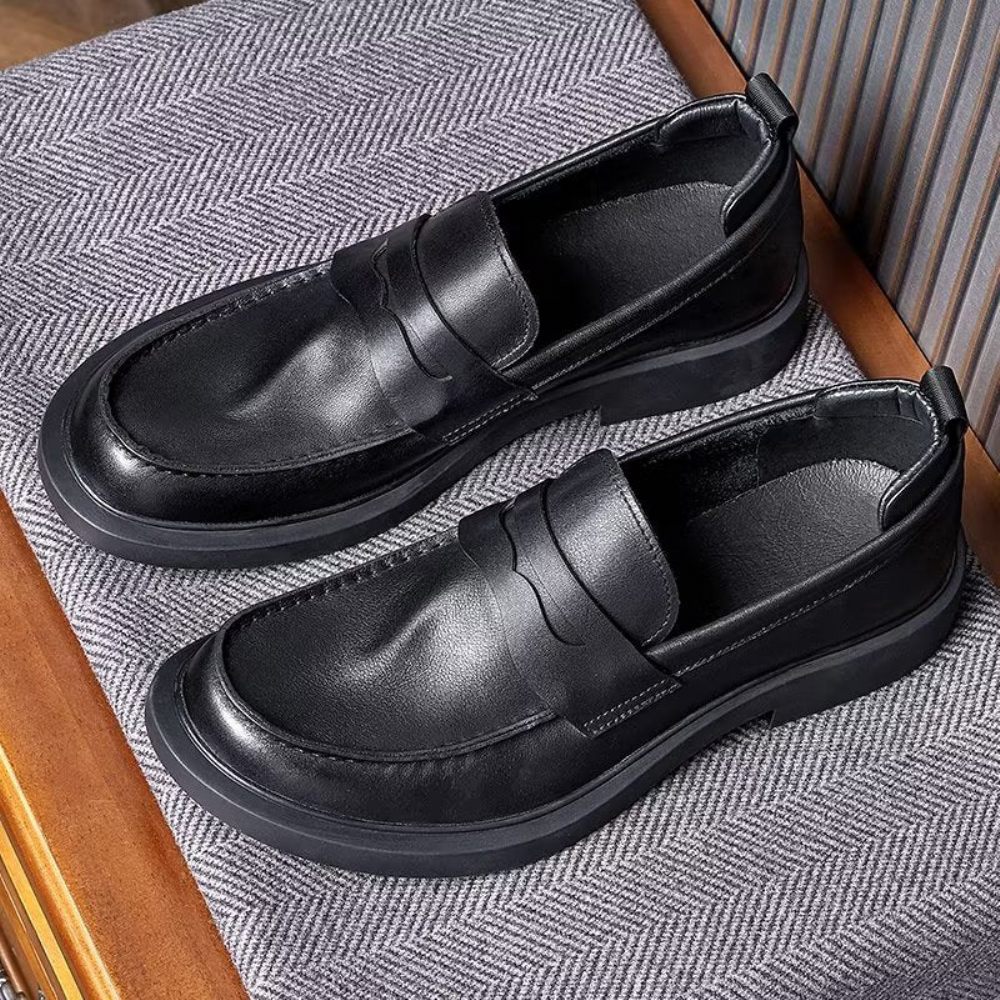 Chaussures Décontractées Pour Hommes Slip-ons Cuir Luxe À Bout Rond Élégant - Noir