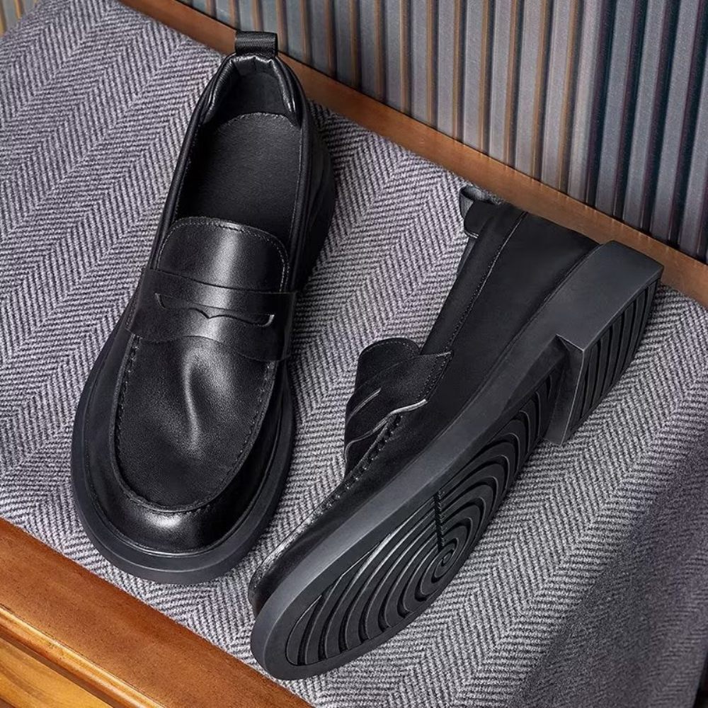 Chaussures Décontractées Pour Hommes Slip-ons Cuir Luxe À Bout Rond Élégant - Noir