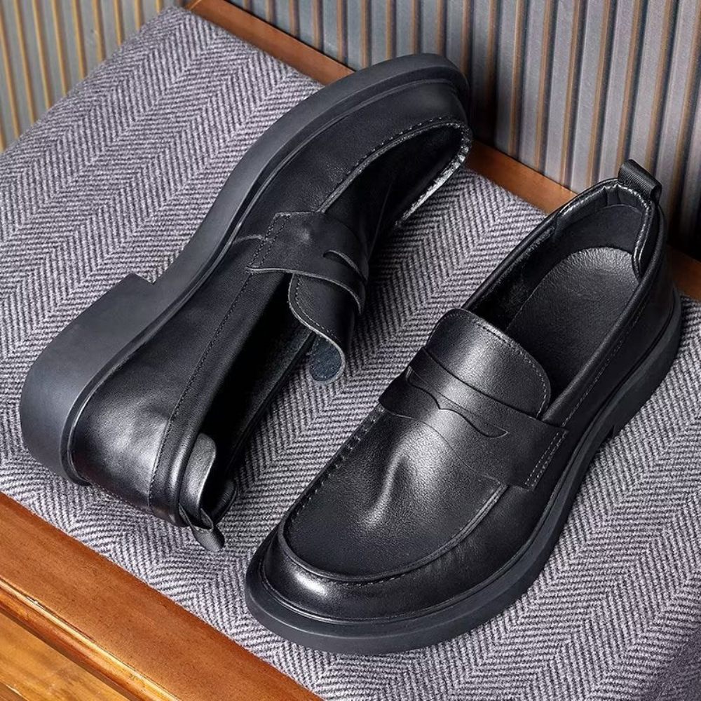 Chaussures Décontractées Pour Hommes Slip-ons Cuir Luxe À Bout Rond Élégant - Noir