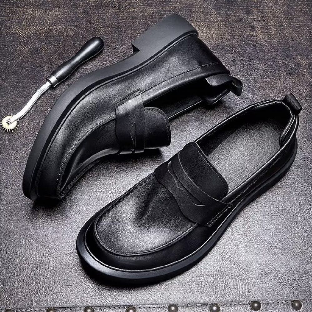 Chaussures Décontractées Pour Hommes Slip-ons Cuir Luxe À Bout Rond Élégant - Noir