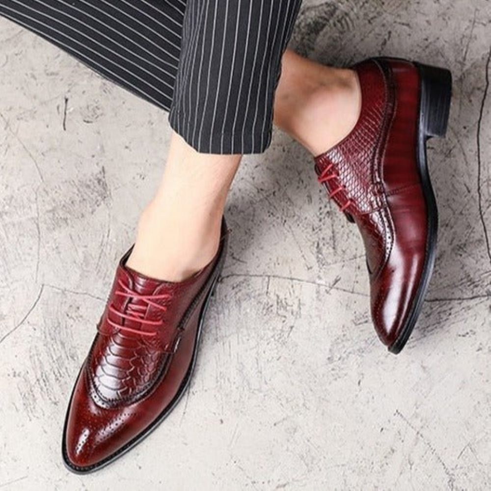 Chaussures Formelles Pour Hommes Alligator Habillées Richelieu À Lacets Luxe - Rouge