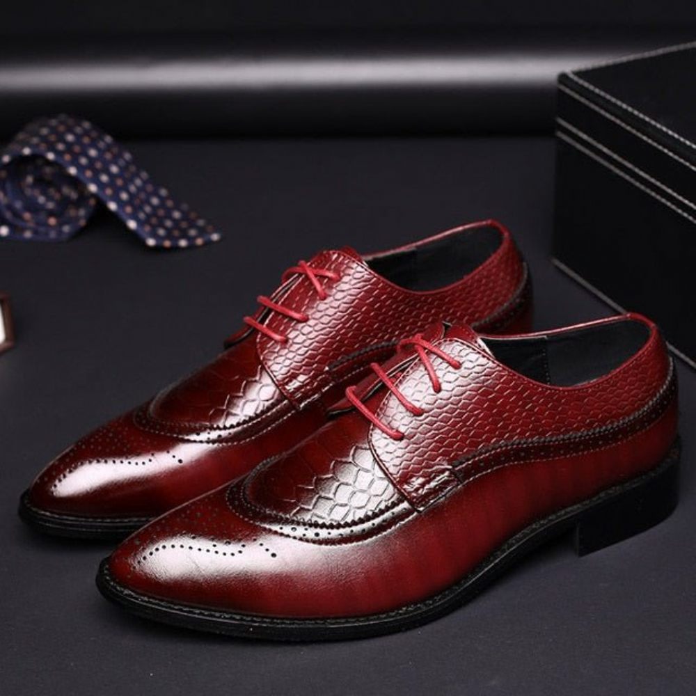 Chaussures Formelles Pour Hommes Alligator Habillées Richelieu À Lacets Luxe - Rouge