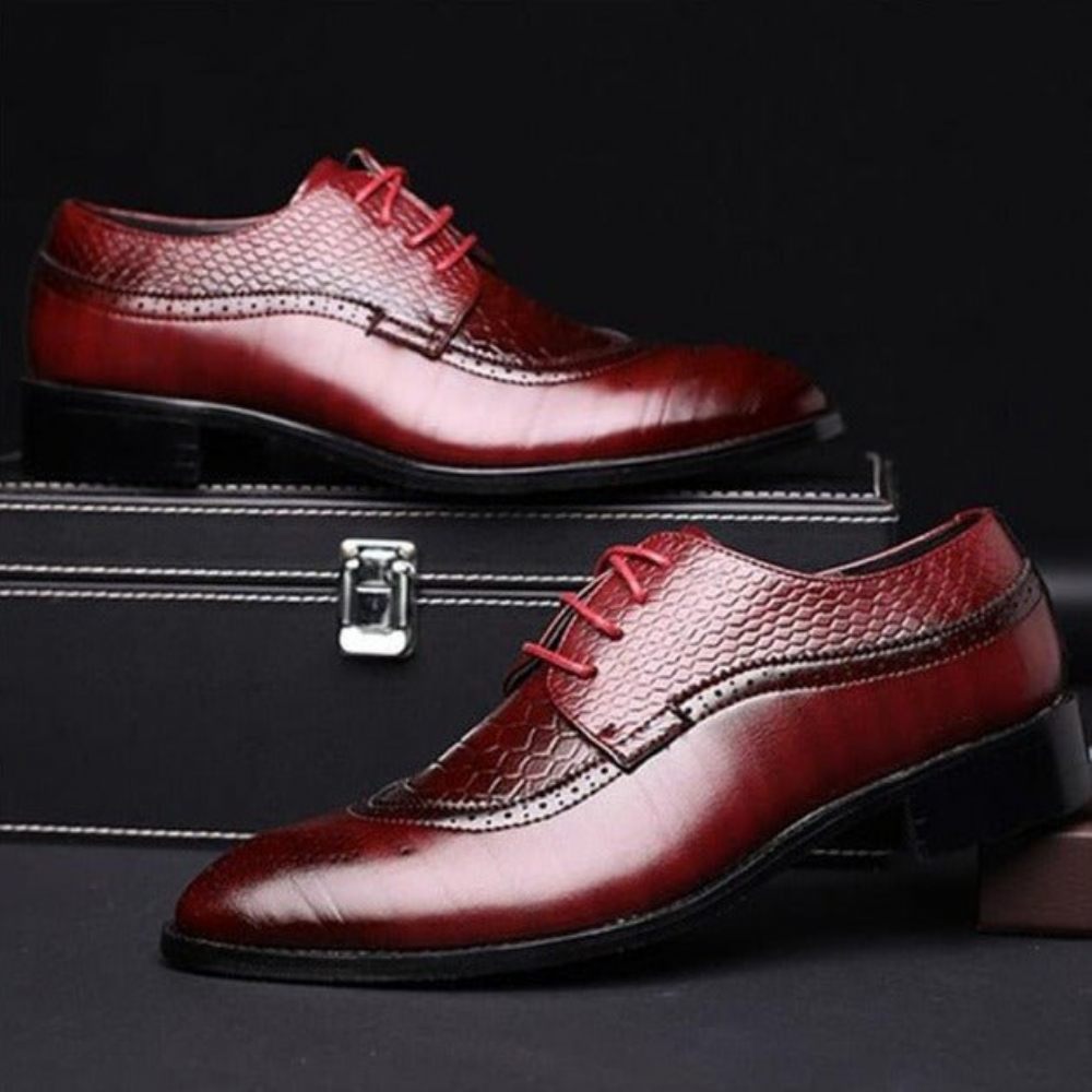 Chaussures Formelles Pour Hommes Alligator Habillées Richelieu À Lacets Luxe - Rouge