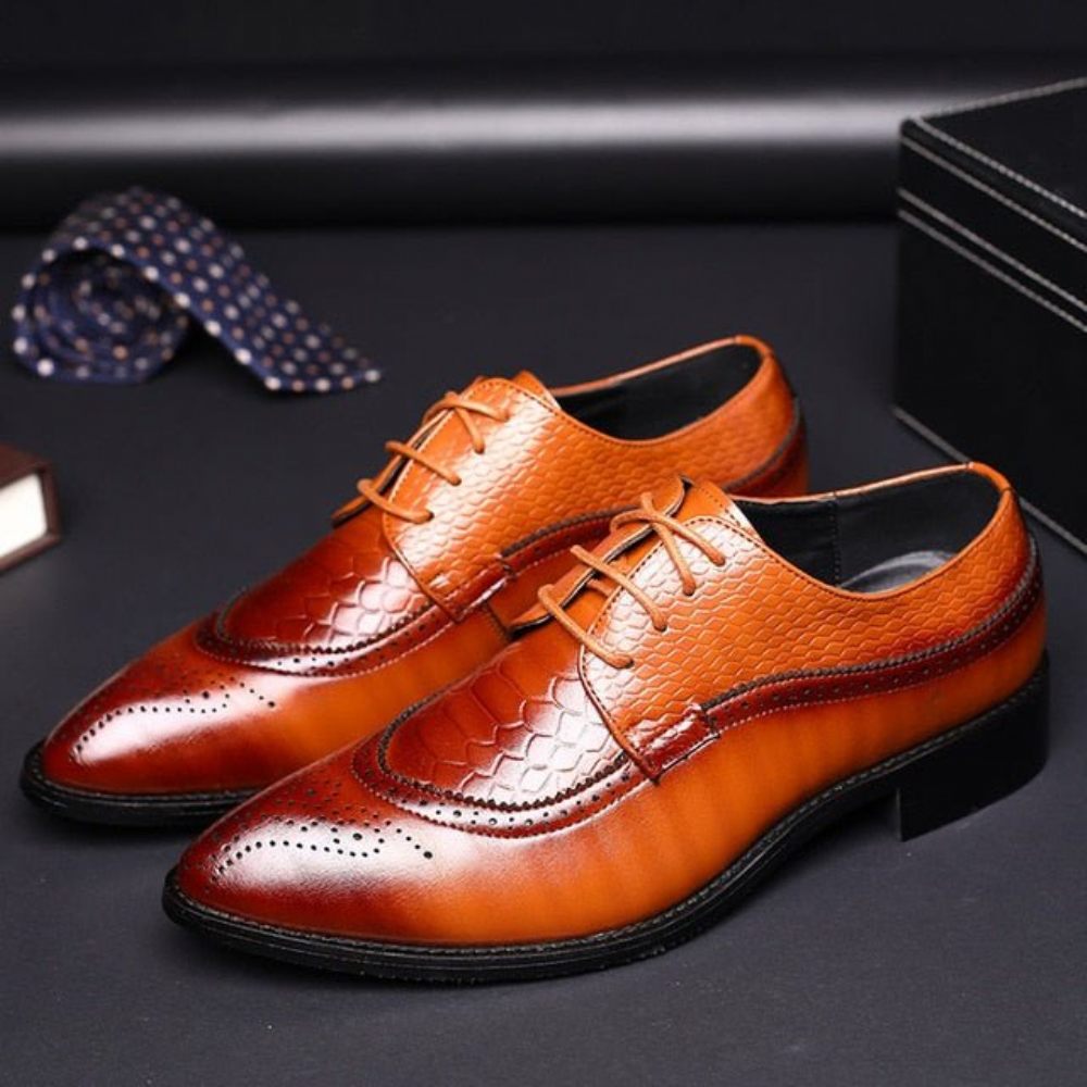 Chaussures Formelles Pour Hommes Alligator Habillées Richelieu À Lacets Luxe - Café