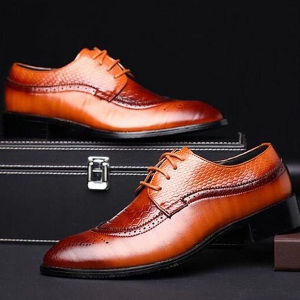 Chaussures Formelles Pour Hommes Alligator Habillées Richelieu À Lacets Luxe - Café