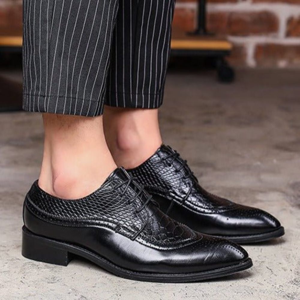 Chaussures Formelles Pour Hommes Alligator Habillées Richelieu À Lacets Luxe - Noir