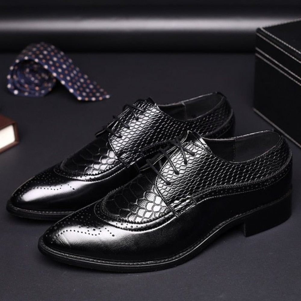 Chaussures Formelles Pour Hommes Alligator Habillées Richelieu À Lacets Luxe - Noir