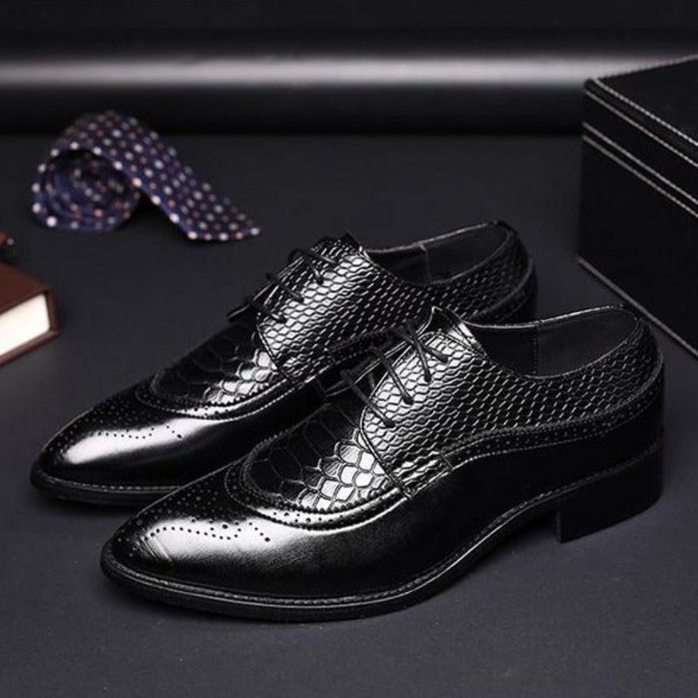 Chaussures Formelles Pour Hommes Alligator Habillées Richelieu À Lacets Luxe - Noir