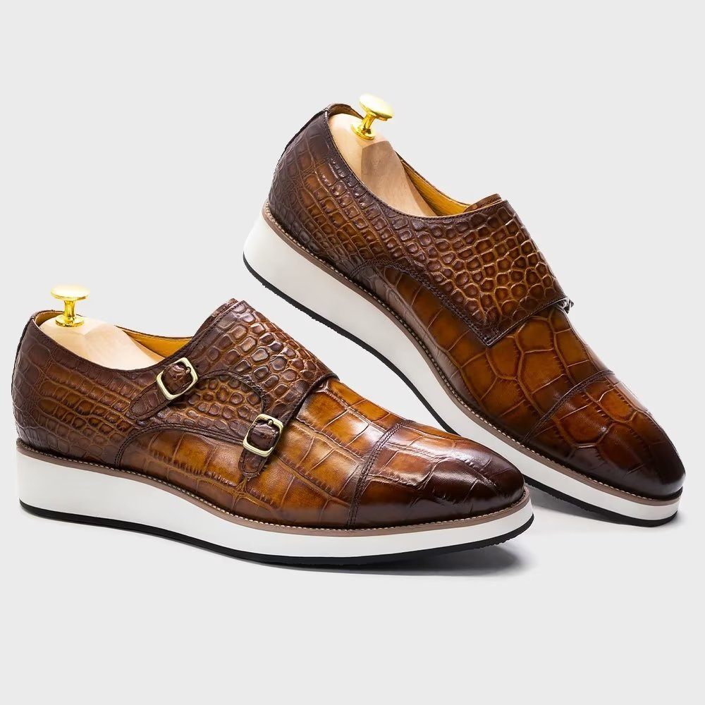 Chaussures Formelles Pour Hommes Avec Sangles Moine À Texture Crocodile Exquise - Café