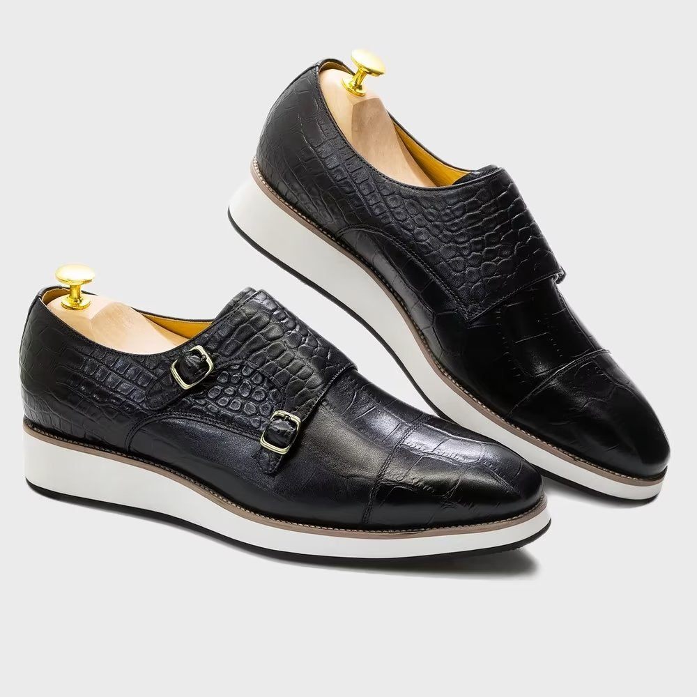 Chaussures Formelles Pour Hommes Avec Sangles Moine À Texture Crocodile Exquise - Noir