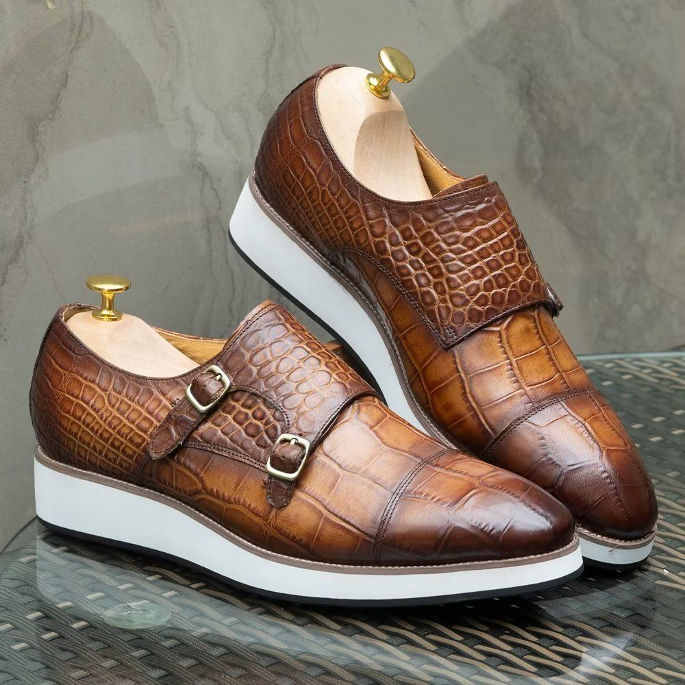 Chaussures Formelles Pour Hommes Avec Sangles Moine À Texture Crocodile Exquise - Café