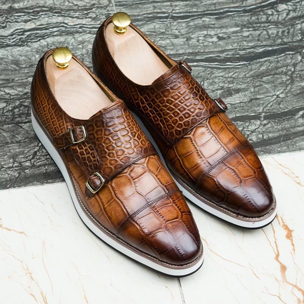 Chaussures Formelles Pour Hommes Avec Sangles Moine À Texture Crocodile Exquise - Café