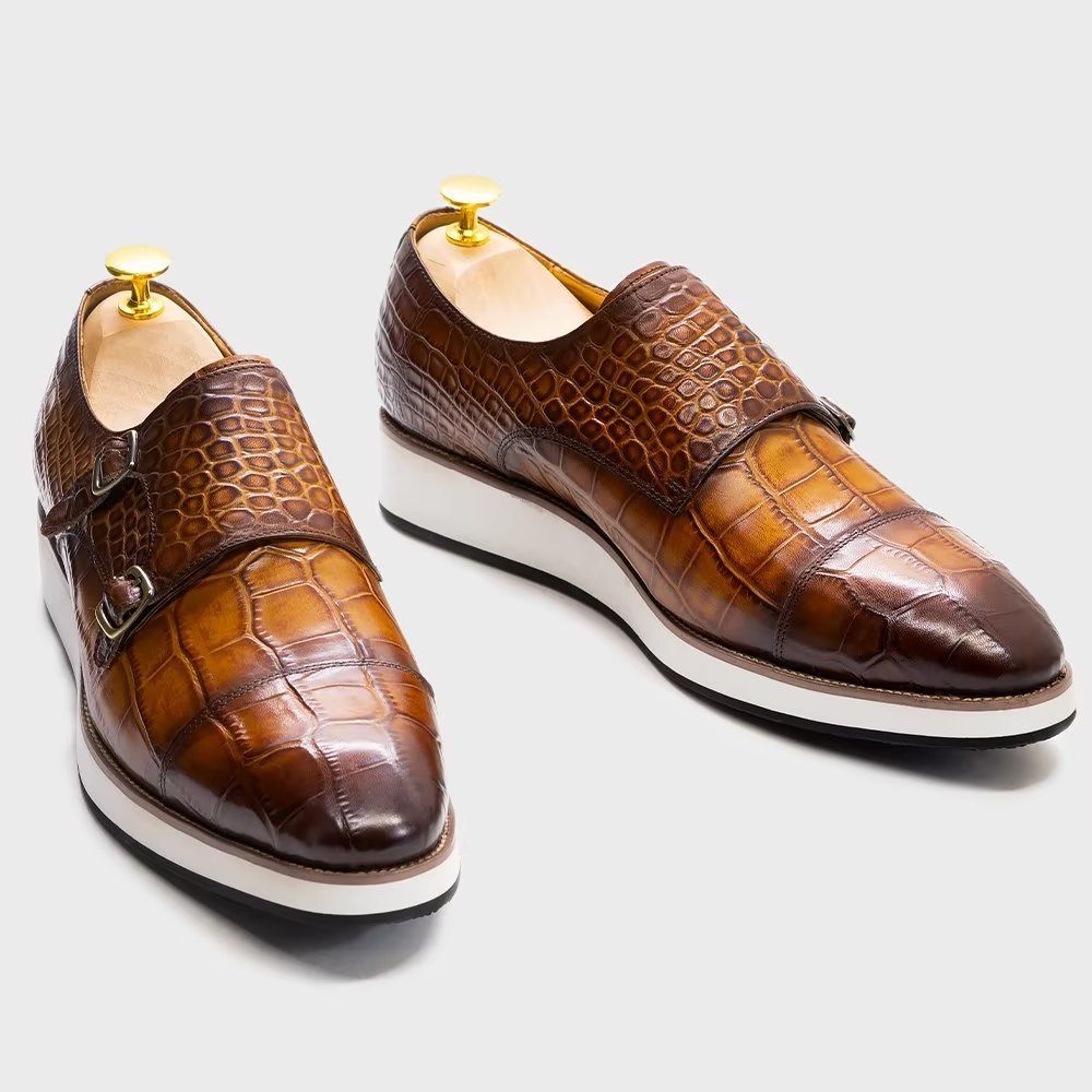 Chaussures Formelles Pour Hommes Avec Sangles Moine À Texture Crocodile Exquise - Café